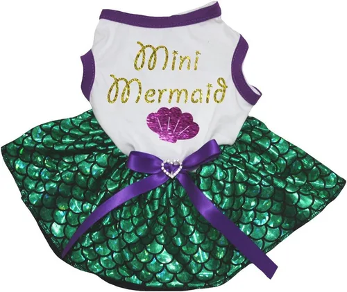 Vista 2 de Petitebella Mini vestido para perro con concha de sirena (sirena negro/dorado, talla XS)