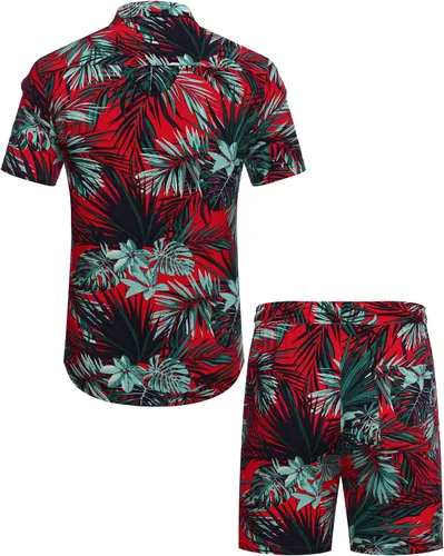 Vista 3 de COOFANDY - Conjunto de camisa hawaiana floreada de manga corta con botones para hombre