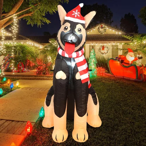 Vista 5 de Decoración de Navidad inflable de pastor alemán de 5 pies 2025 hinchable para patio exterior decoración de perro decoración navideña pastor alemán
