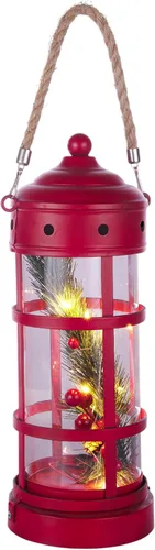 Vista 2 de Alpine Corporation Farol de Navidad de metal y vidrio de 13 pulgadas de alto con 8 luces LED blancas cálidas, temporizador integrado, decoración Rojo