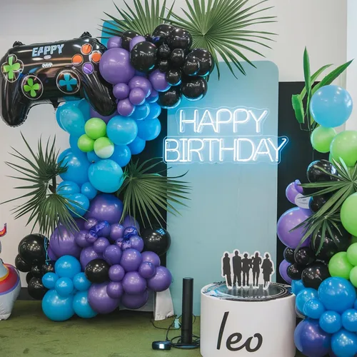 Vista 3 de Kit de Arco de Globos de Videojuegos de 120 Piezas, Globos de Fiesta Azul Púrpura Verde Negro con 2 Globos de Papel de Aluminio con Forma de Mando