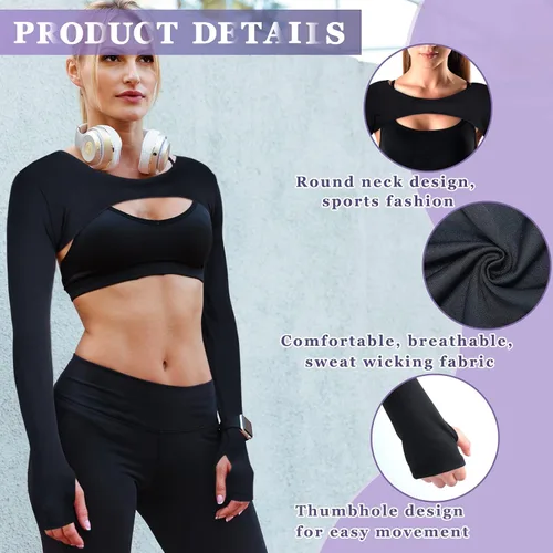 Vista 3 de Janmercy 2 piezas de camiseta corta de manga larga para mujer, recortada, bolero, bolero, bolero, ballet, yoga, deportes, camisetas casuales