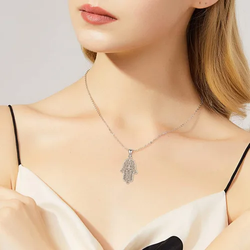 Vista 30 de Aniu Joyería de plata de ley 925 Hamsa de Fátima para mujer con circonita cúbica, viene con caja de regalo negra