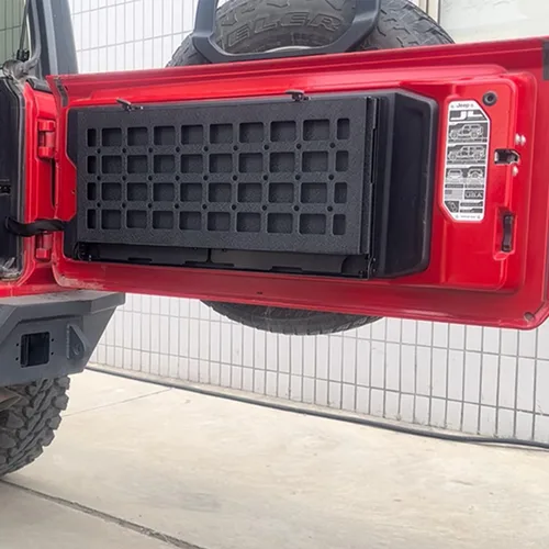 Vista 7 de Mesa plegable de 2 niveles para puerta trasera de campamento, estante de carga compatible con Jeep Wrangler JL 2018-2025