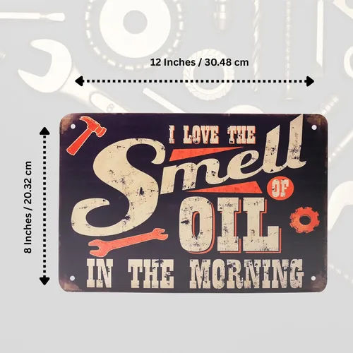 Vista 5 de Divertido letrero de metal con texto en inglés "I Love the Smell of Oil in Morning Sign" Novedad Hombre Cueva Garaje Tienda Decoración de pared