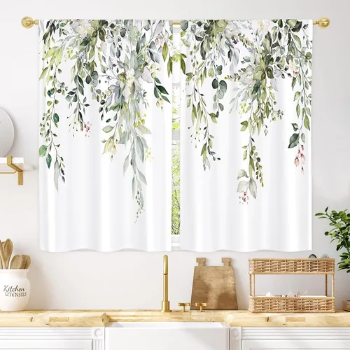 Vista 5 de Gibelle Cortinas de cocina rústicas de eucalipto estilo granja boho florales botánicas de salvia hojas verdes pequeñas y cortas para ventanas