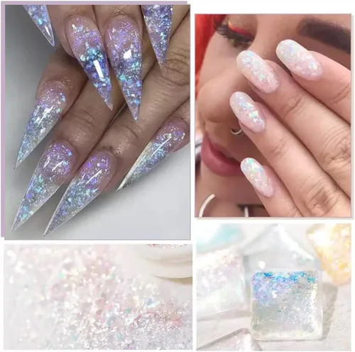 Vista 4 de 4 cajas de uñas en polvo holográfico con purpurina en polvo de ópalo cromado, escamas irregulares brillantes de sirena, lentejuelas rosa y morado