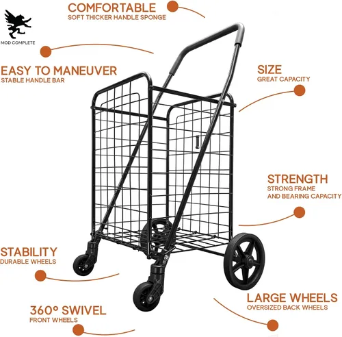 Vista 6 de Carrito de compras plegable con ruedas de 360 grados negro (cesta individual)