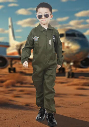 Vista 3 de VZQI Traje de vuelo para niños, disfraz de piloto de la Fuerza Aérea, Halloween, cosplay para niños con gafas de sol
