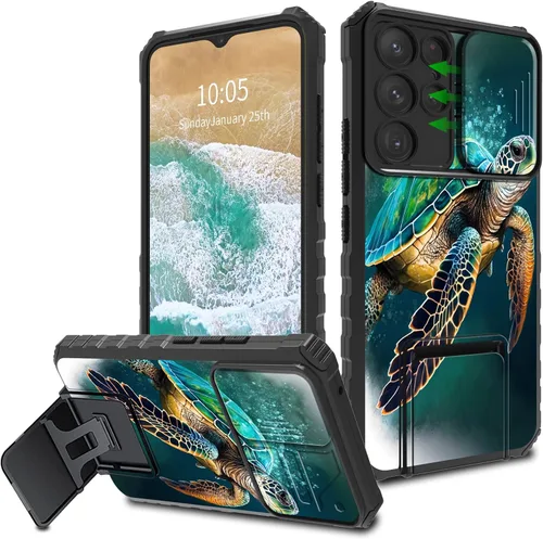 Vista 10 de FUYOCWE Funda para Samsung Galaxy S22 Ultra con cubierta para cámara deslizante, resistente Defender Kickstand Protector de lente de cámara Funda