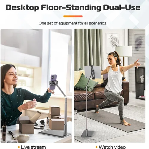 Vista 2 de VIJIM Soporte de piso para tableta, soporte de teléfono para grabación, soporte ajustable para teléfono celular y tableta para piso, compatible