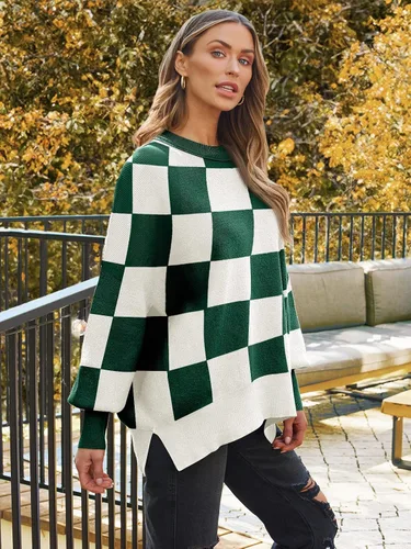 Vista 189 de Lillusory - Suéter extragrande con mangas de murciélago y cuello redondo para mujer, prenda moderna de otoño de tejido de punto sin botones
