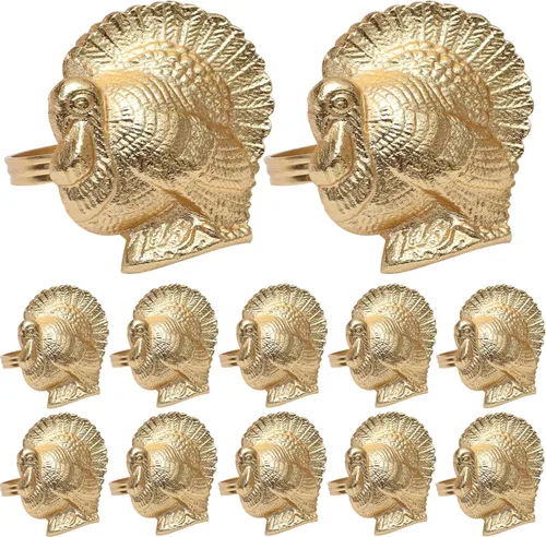 Vista 12 de Juego de 12 servilleteros dorados de pavo y pájaro para cenas, bodas, recepciones, reuniones familiares o uso diario. Establece tu