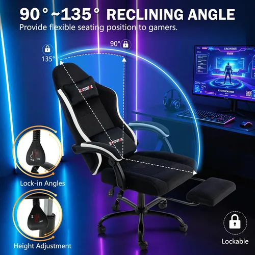 Vista 5 de ECOTOUGE Silla de tela para videojuegos, silla de videojuegos con reposapiés y soporte lumbar, altura ajustable, silla de oficina para el hogar