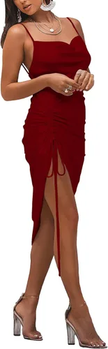 Vista 3 de LYANER - Vestidos de satén para mujer, con tirantes delgados y cuello vuelto holgado, largo debajo de la rodilla, diseño sexy fruncido, ideal