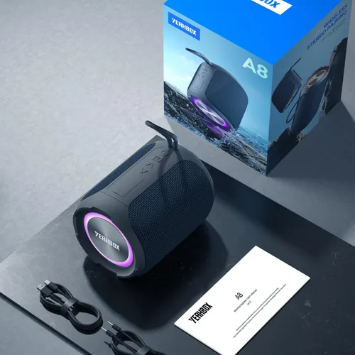 Vista 6 de YEAHBOX Altavoz Bluetooth portátil, Bluetooth 5.3 40W estéreo inalámbrico con graves profundos, luces RGB, IPX7 impermeable, batería de larga