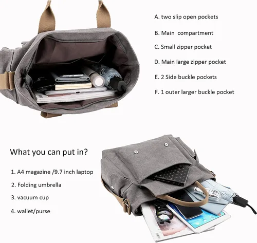 Vista 5 de Bolso bandolera de lona estilo vintage con bolsillos, unisex, tamaño mediano