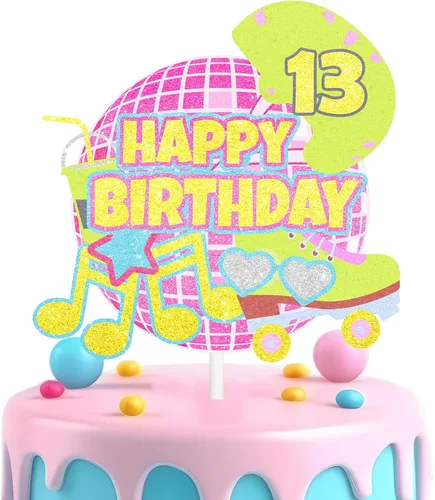 Vista 10 de Decoración retro de pastel de patinaje sobre ruedas para niñas, temática de discoteca de décimo cumpleaños, decoración de notas musicales, fiesta