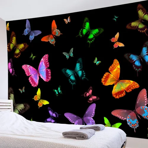 Vista 10 de LB Tapiz de mariposa Trippy para colgar en la pared, manta de tapiz estético psicodélico negro, decoración de pared de insectos de polilla colorida
