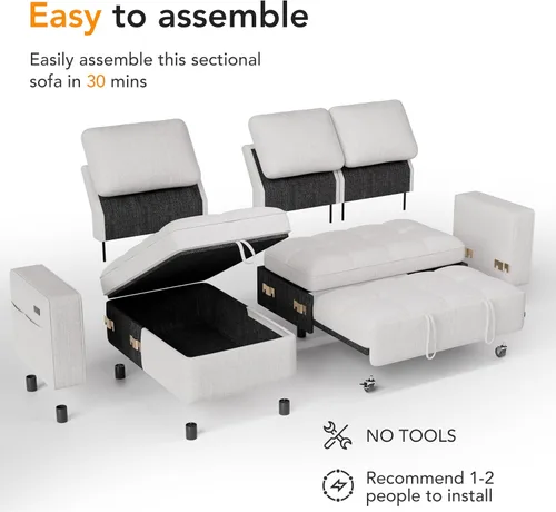 Vista 4 de Vipbear Sofá cama modular de 81 pulgadas con cama extraíble, sofá en forma de L con respaldo reclinable, diván de almacenamiento reversible, puertos
