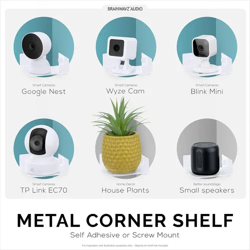 Vista 6 de BRAINWAVZ Pequeño estante esquinero de metal para cámaras de seguridad, monitores de bebé, altavoces, decoración del hogar y más, adhesivo universal