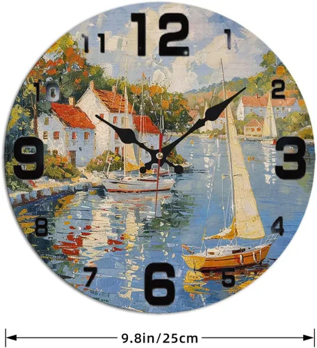 Vista 4 de Coastal Harbor Painting Wooden Wall Clock with Nautical Scene 25x25cm