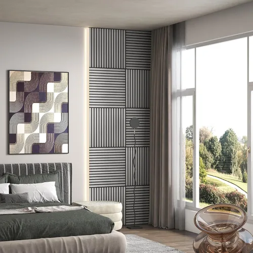 Vista 6 de HOMCOM Paquete de 4 paneles acústicos 3D, paneles de madera insonorizados de 24 x 24 pulgadas para pared, paneles de pared de listones de madera