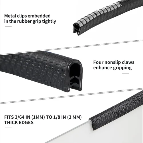 Vista 3 de Protector de borde de goma de 10 pies/3 m, protector de borde de puerta sin adhesivo, tira de sello de borde en forma de U con clips de metal