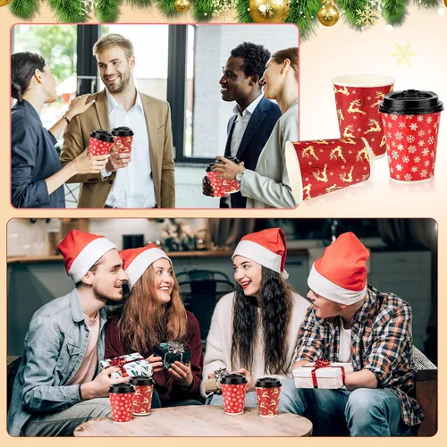 Vista 5 de Maxcheck 100 tazas de Navidad con tapa, taza de café desechables de 12 onzas a granel, papel de pared ondulado aislado para decoración de fiestas