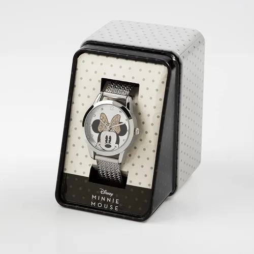 Vista 3 de Disney Reloj analógico clásico de cuarzo para mujer con correa de acero inoxidable MN8008, Plateadonegroblanco, Pulsera