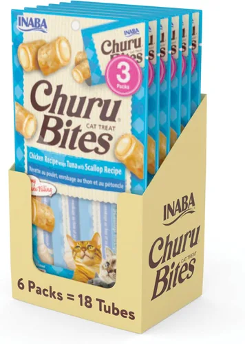 Vista 9 de INABA Churu Bites para Gatos, Golosinas para Gatos Rellenas de Churu Envueltas en Pollo Horneado Suave/Masticable con Vitamina E, 0.35 Onzas por