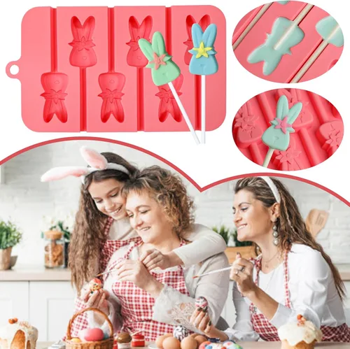 Vista 5 de Webake Moldes de piruleta de conejo para dulces de chocolate, 6 agujeros de silicona de conejo con palitos de piruleta, bonitos moldes de Pascua