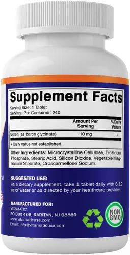 Vista 8 de Vitamatic Boro quelado (como glicinato) 10 mg 240 tabletas - Apoya el equilibrio hormonal, la salud ósea y el tejido conectivo