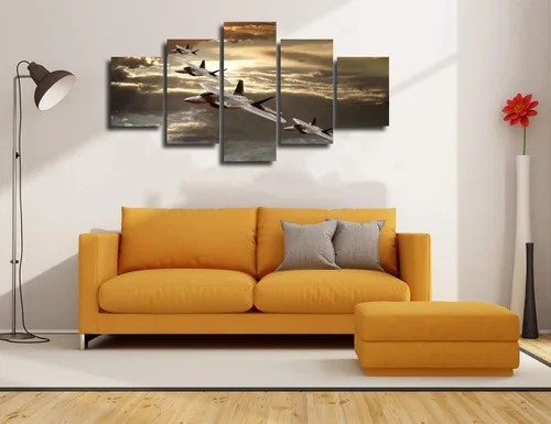 Vista 3 de Imágenes de aviones militares estadounidenses F-22 Raptor, pinturas artísticas de pared para sala de estar, 5 piezas, arte de lienzo estirado