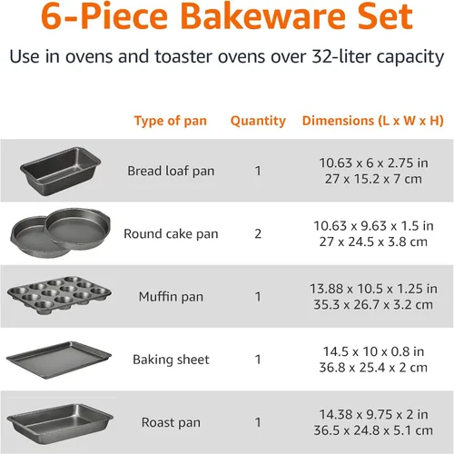 Vista 4 de Amazon Basics Juego de 6 piezas de utensilios para hornear antiadherentes de acero al carbono aptos para horno con moldes para pasteles, muffins