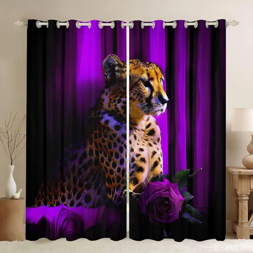 Vista 36 de Erosebridal Cortinas de Rosas Rojas 3D Tratamientos para Ventanas de Guepardo, Paneles de Cortinas con Estampado de Gato Leopardo para Sala