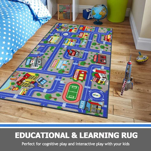 Vista 6 de Capslpad Alfombra Azul de Coche y Carretera para Niños, Alfombra de Juego para Sala de Juegos, Alfombra Antideslizante Lavable con Mapa de la Ciudad