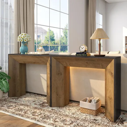 Vista 4 de Mesa consola de granja con luz LED, mesa de entrada rústica de 41 pulgadas con almacenamiento para entrada, pasillo, mesa de sofá industrial detrás