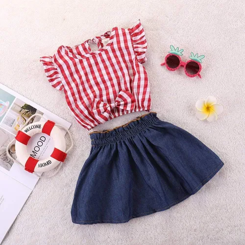 Vista 3 de Conjunto de ropa de vestir de manga corta con volantes y falda vaquera para bebé niña A cuadros