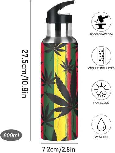 Vista 9 de BPA-Free Sports Water Bottle with Straw 20 Oz, Stainless Steel Water Bottle for Gym Outdoor Travel School, Black Leaves Colorful Stripes