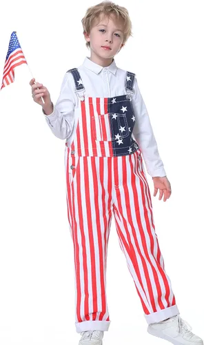 Vista 3 de Boys American Overalls Adjustable Straps 4th of July Girls Romper Usa Flag Bibs 6-12 years kids Patriotic Jumpsuit