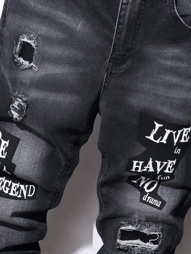 Vista 3 de AYBAY Jeans para hombre Jeans rasgados con letras gráficas Jeans para hombre (Color negro, Talla 30)