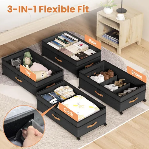 Vista 5 de Almacenamiento Debajo de la Cama con Ruedas, 72L XXL Contenedores de Almacenamiento Debajo de la Cama Grandes, 10'' de Alto Almacenamiento Ajustable