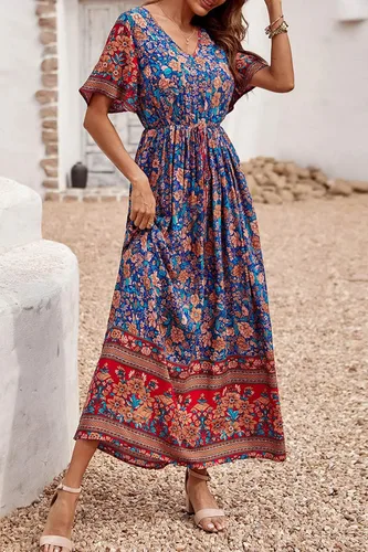 Vista 3 de PRETTYGARDEN - Vestido casual de playa y de verano para mujer, de estilo bohemio, manga corta, cuello en V y con estampado floral, vestidos largos