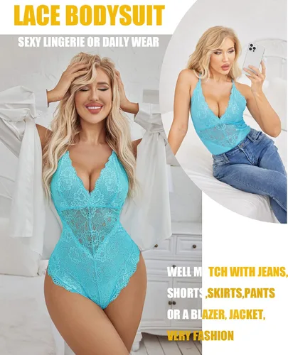 Vista 4 de Avidlove - Lencería sexy de encaje para mujer, body con escote pronunciado, babydoll de una pieza con broche de presión en la entrepierna