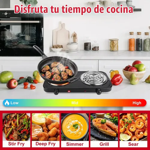 Vista 5 de Placa eléctrica de 2000 W, estufa eléctrica portátil para encimera, quemadores de bobina doble con control dual y control de temperatura de 5