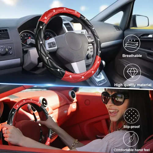 Vista 3 de SuperKaKa Funda para volante negra y roja, accesorios de interior de automóvil de estilo diamante con brillo lindo y cómodo, protector brillante que