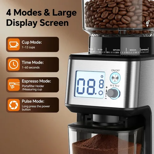 Vista 9 de Molinillo de café cónico, 51 ajustes precisos de molienda automática, pantalla LED inteligente de doble control, 1-12 tazas, con soporte