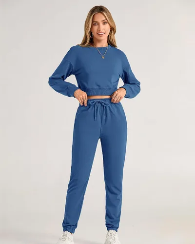 Vista 15 de BTFBM Conjunto deportivo de 2 piezas para mujer, camiseta corta de manga larga, sin botones, pantalón con cordón ajustable, pantalones deportivos