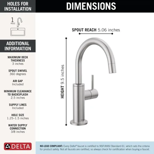 Vista 3 de Delta Grifo dispensador de bebidas contemporáneo, grifo de fregadero de cocina de agua potable de níquel cepillado, acero inoxidable ártico